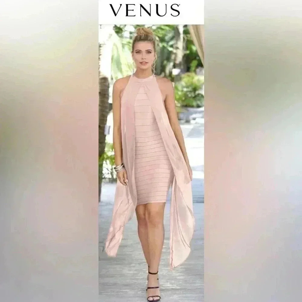 🌸VENUS Chiffon Overlay Bandage Bodycon Pink Dress Sleeveless Sexy Slimming🌸 - Picture 4 of 14